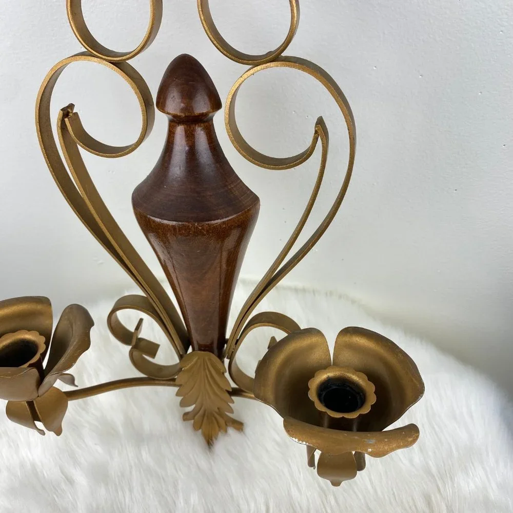 Vintage Wood & Brass Rose Candle Holder Wall Hanging 17.5